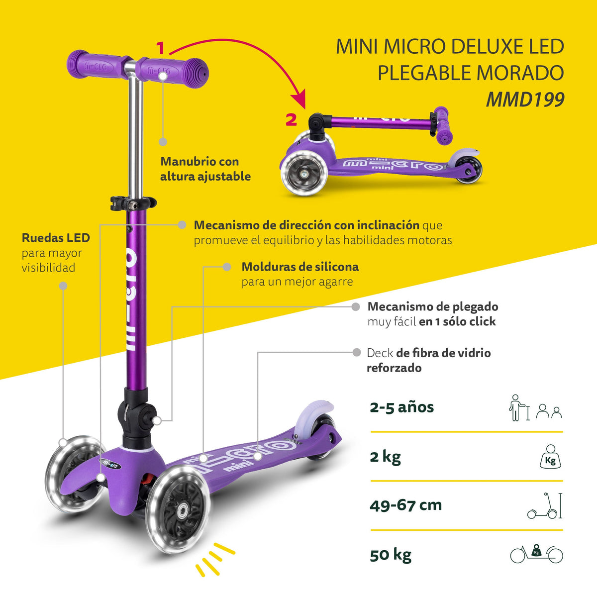 Scooter Mini Micro Deluxe Plegable Morado con Luz LED