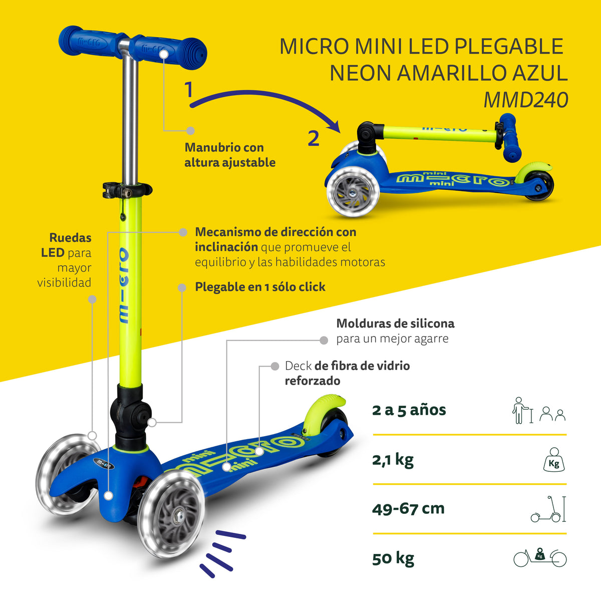 Scooter Mini Micro Deluxe Plegable Neón Amarillo Azul con Luz LED