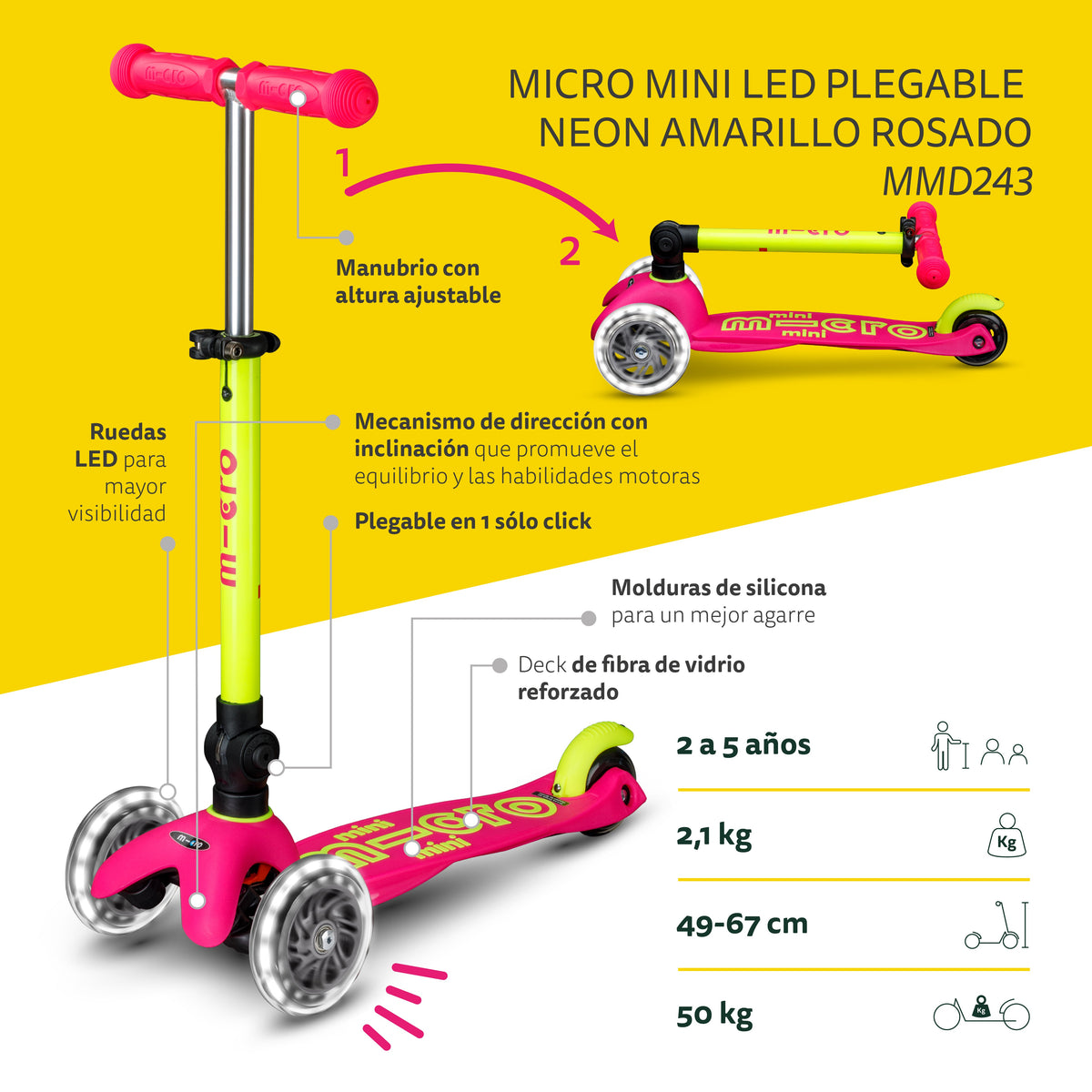 Scooter Mini Micro Deluxe Plegable Neón Amarillo Rosado con Luz LED