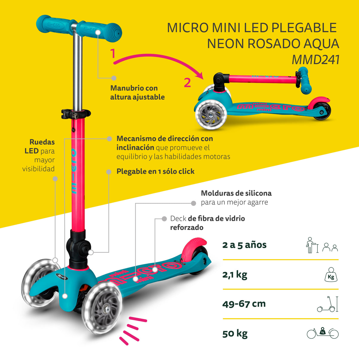 Scooter Mini Micro Deluxe Plegable Neón Rosado Aqua con Luz LED