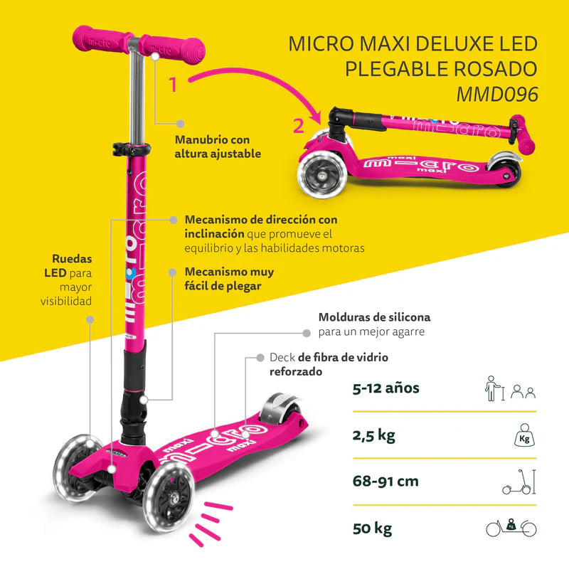 Scooter Maxi Micro Deluxe Plegable LED Rosado Fuerte