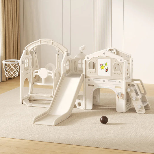 Parque de Juegos Blanco y Gris con Resbalín, Columpio y Aro basquet