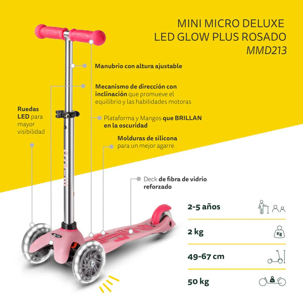 Micro Scooter Mini Deluxe LED Brilla de Noche Rosado