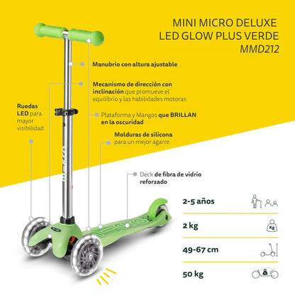 Micro Scooter Mini Deluxe LED Brilla de Noche Verde