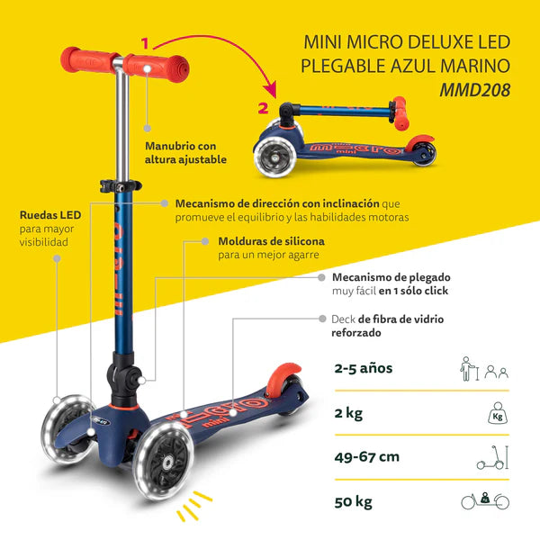 Scooter Mini deluxe LED PLEGABLE Azul Marino - Rojo