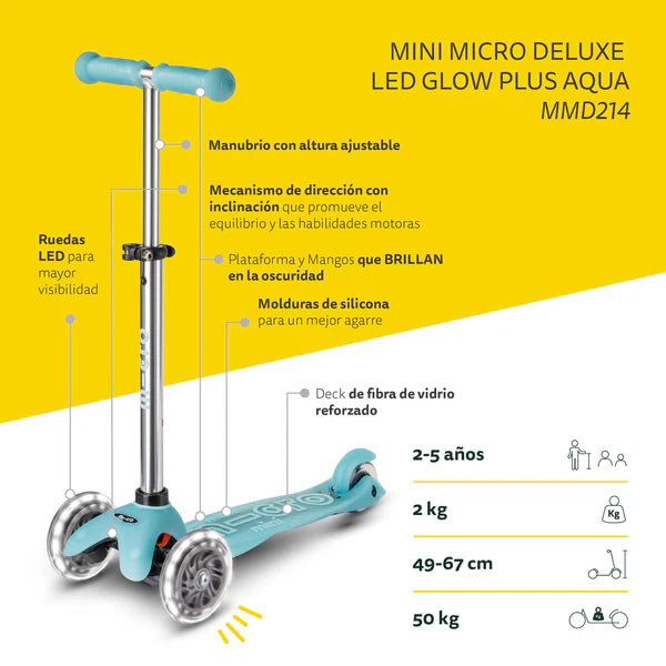 Micro Scooter Mini Deluxe LED Brilla de Noche Aqua