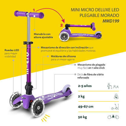 Scooter Mini Micro Deluxe Plegable Morado con Luz LED