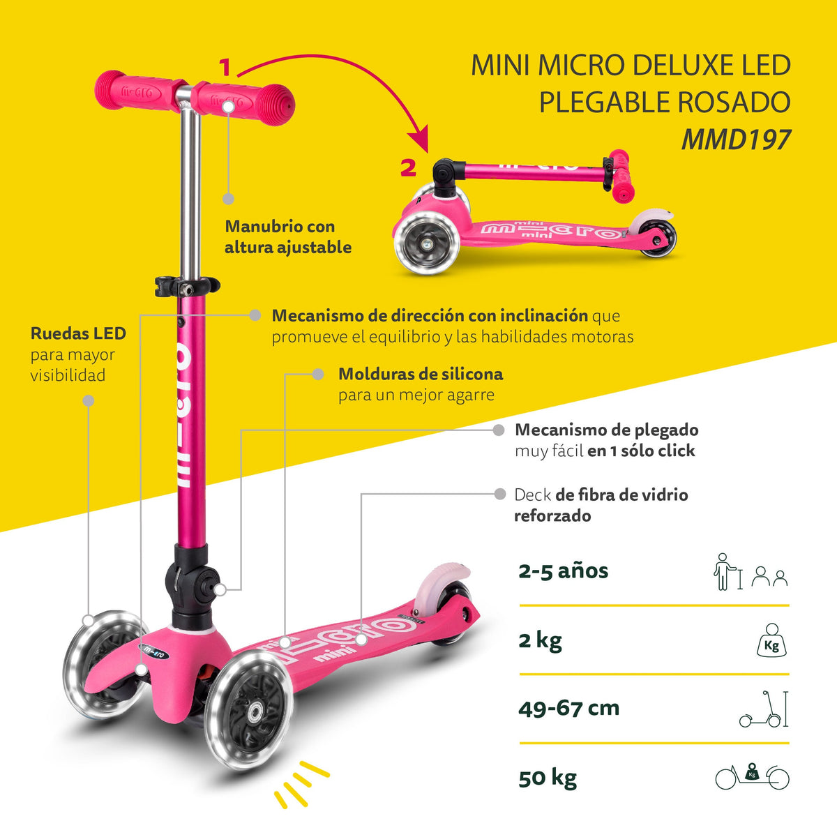 Scooter Mini Micro Deluxe Plegable Rosado con Luz LED