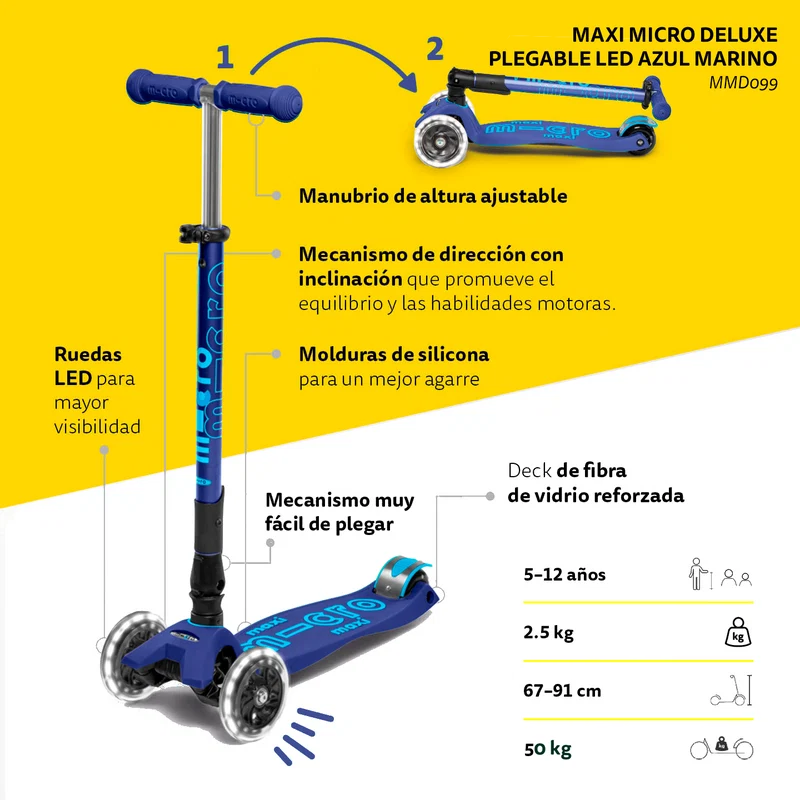 Scooter Maxi Micro Deluxe Plegable LED Azul