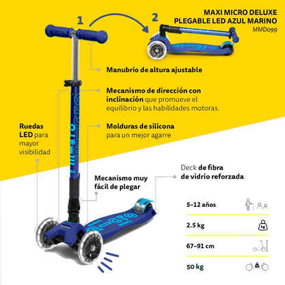 Scooter Maxi Micro Deluxe Plegable LED Azul