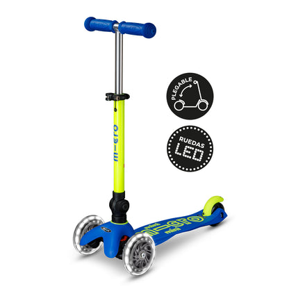 Scooter Mini Micro Deluxe Plegable Neón Amarillo Azul con Luz LED