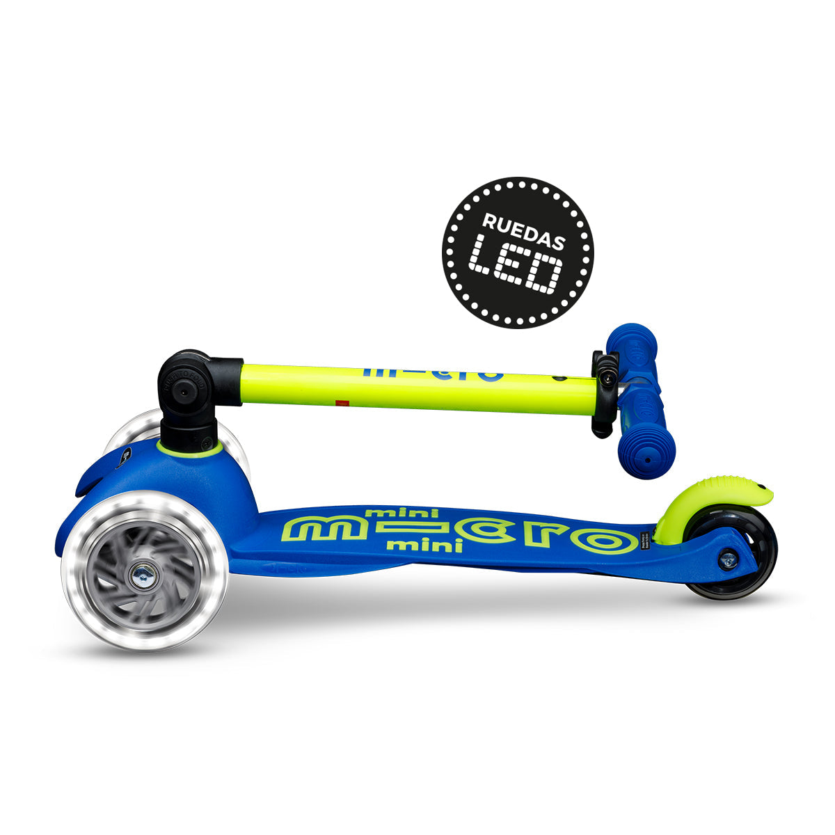 Scooter Mini Micro Deluxe Plegable Neón Amarillo Azul con Luz LED