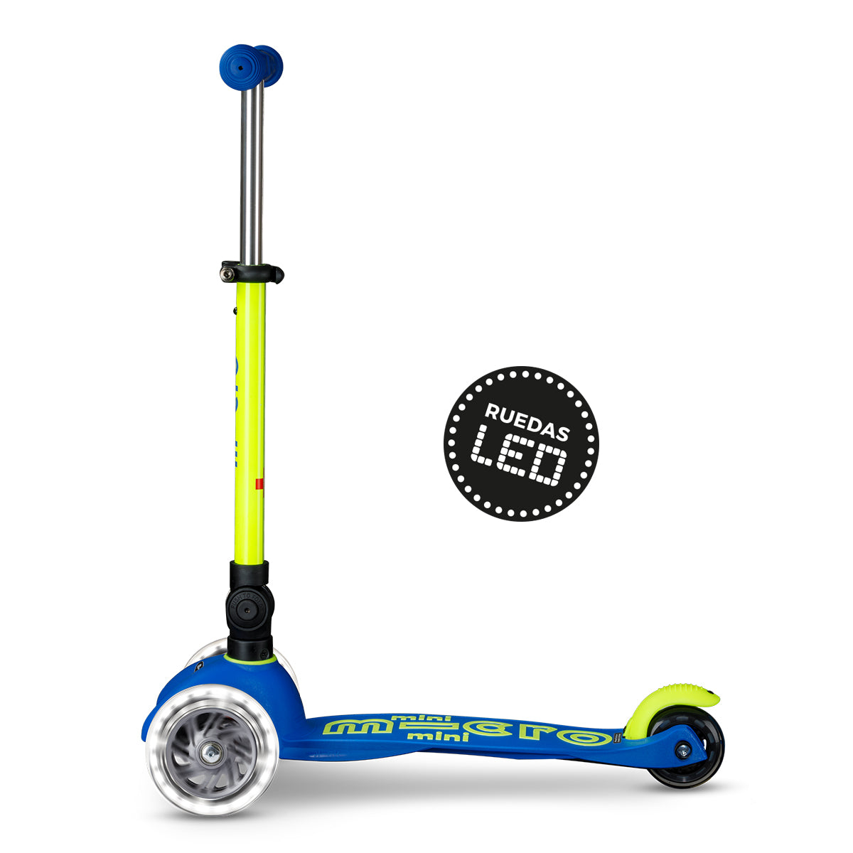 Scooter Mini Micro Deluxe Plegable Neón Amarillo Azul con Luz LED