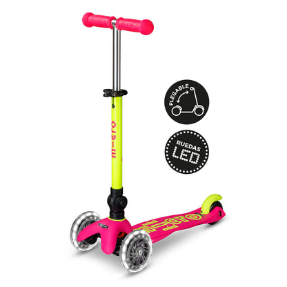 Scooter Mini Micro Deluxe Plegable Neón Amarillo Rosado con Luz LED