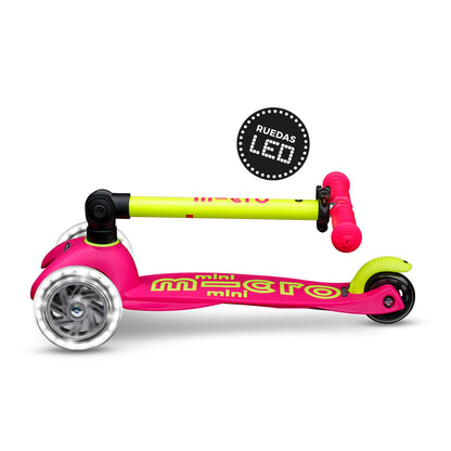 Scooter Mini Micro Deluxe Plegable Neón Amarillo Rosado con Luz LED