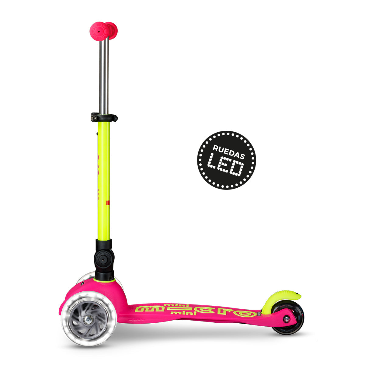 Scooter Mini Micro Deluxe Plegable Neón Amarillo Rosado con Luz LED