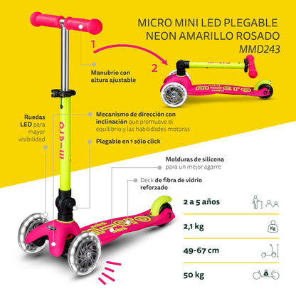 Scooter Mini Micro Deluxe Plegable Neón Amarillo Rosado con Luz LED