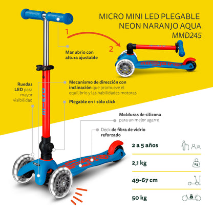 Scooter Mini Micro Deluxe Plegable Neón Naranjo Aqua con Luz LED