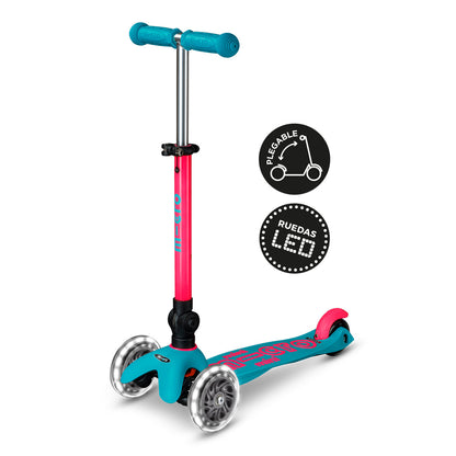 Scooter Mini Micro Deluxe Plegable Neón Rosado Aqua con Luz LED