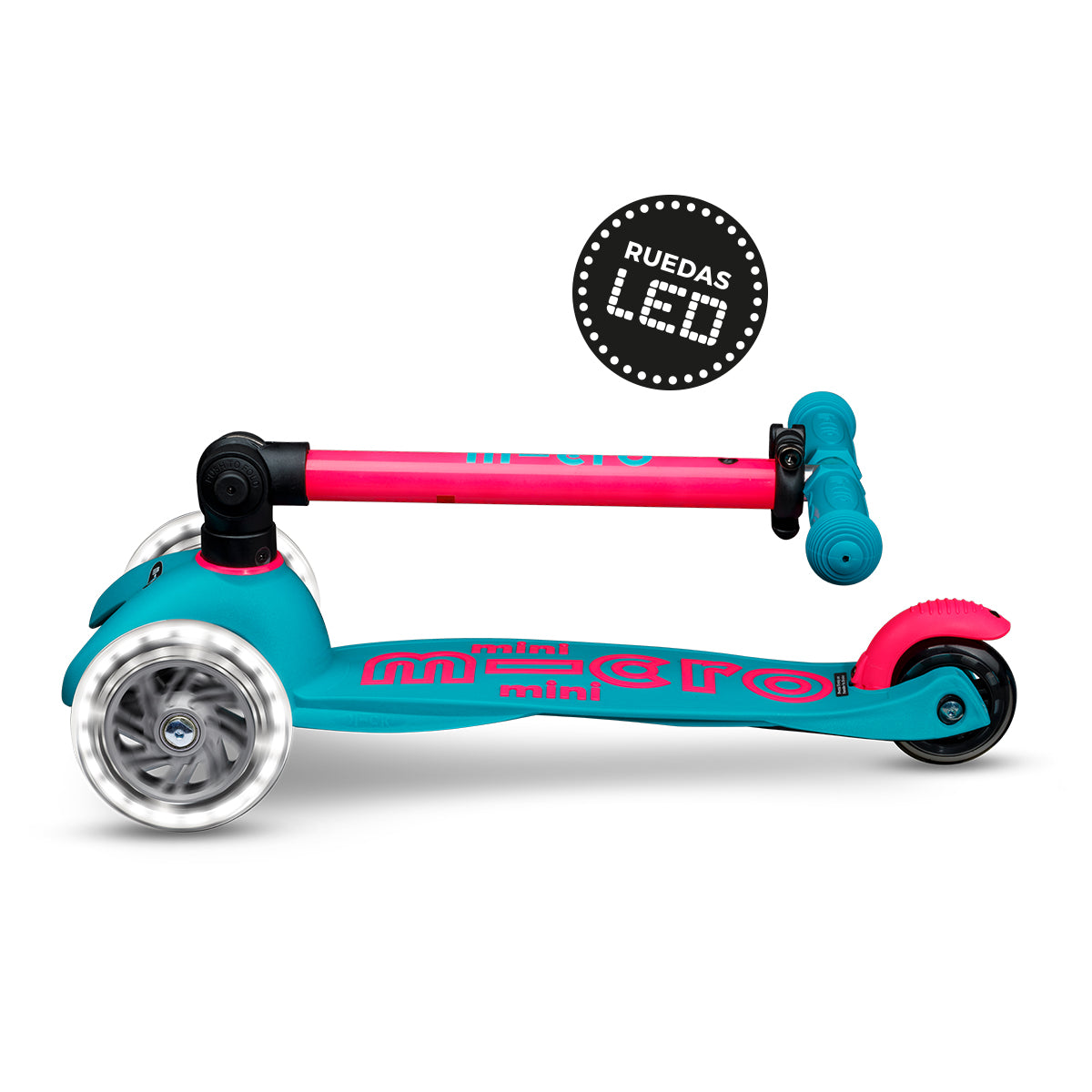 Scooter Mini Micro Deluxe Plegable Neón Rosado Aqua con Luz LED