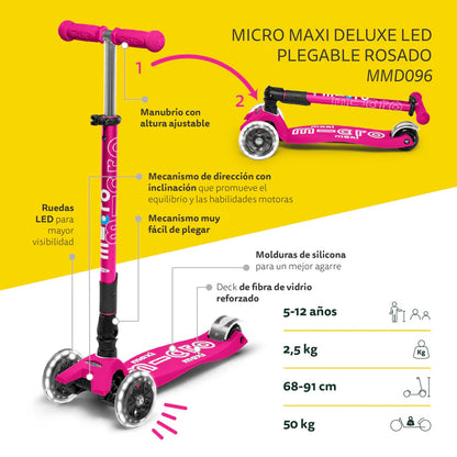 Scooter Maxi Micro Deluxe Plegable LED Rosado Fuerte
