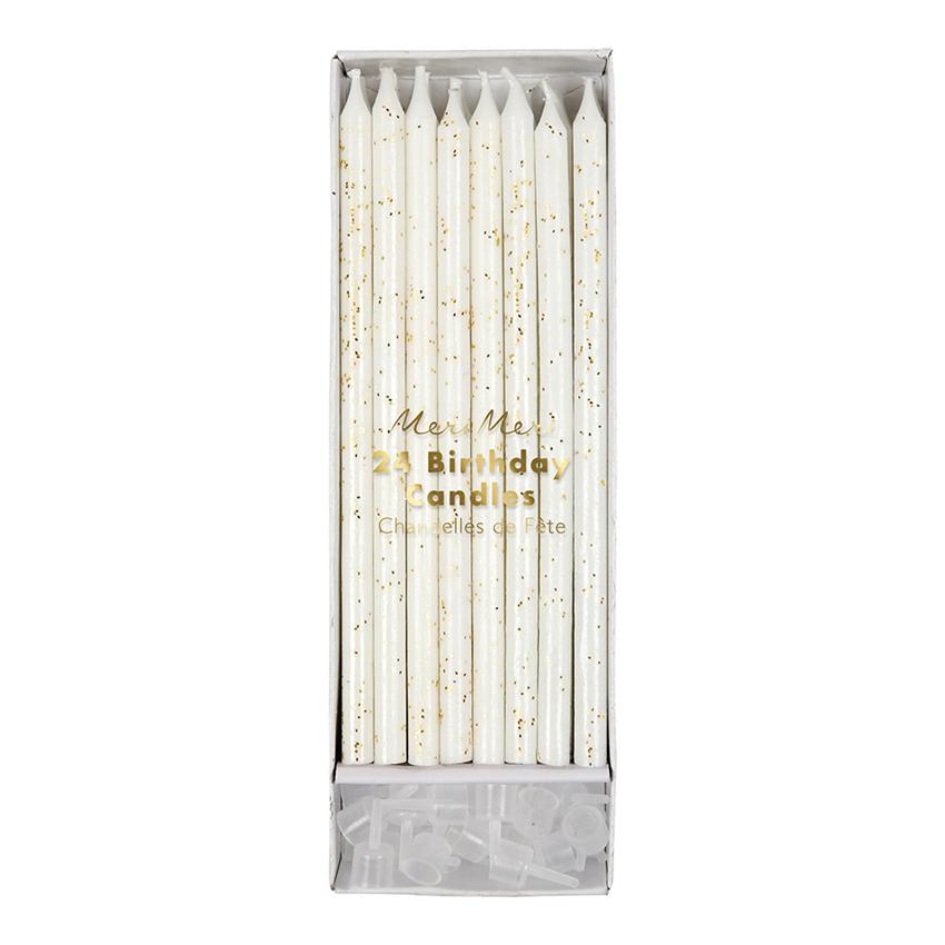 Velas largas blancas con glitter dorado